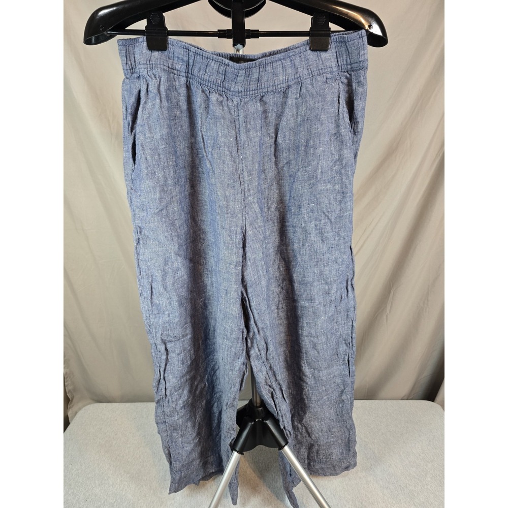 Tahari Essentials High Rise Wide Leg Blue Linen Pants Size L Pockets 100% Linen
